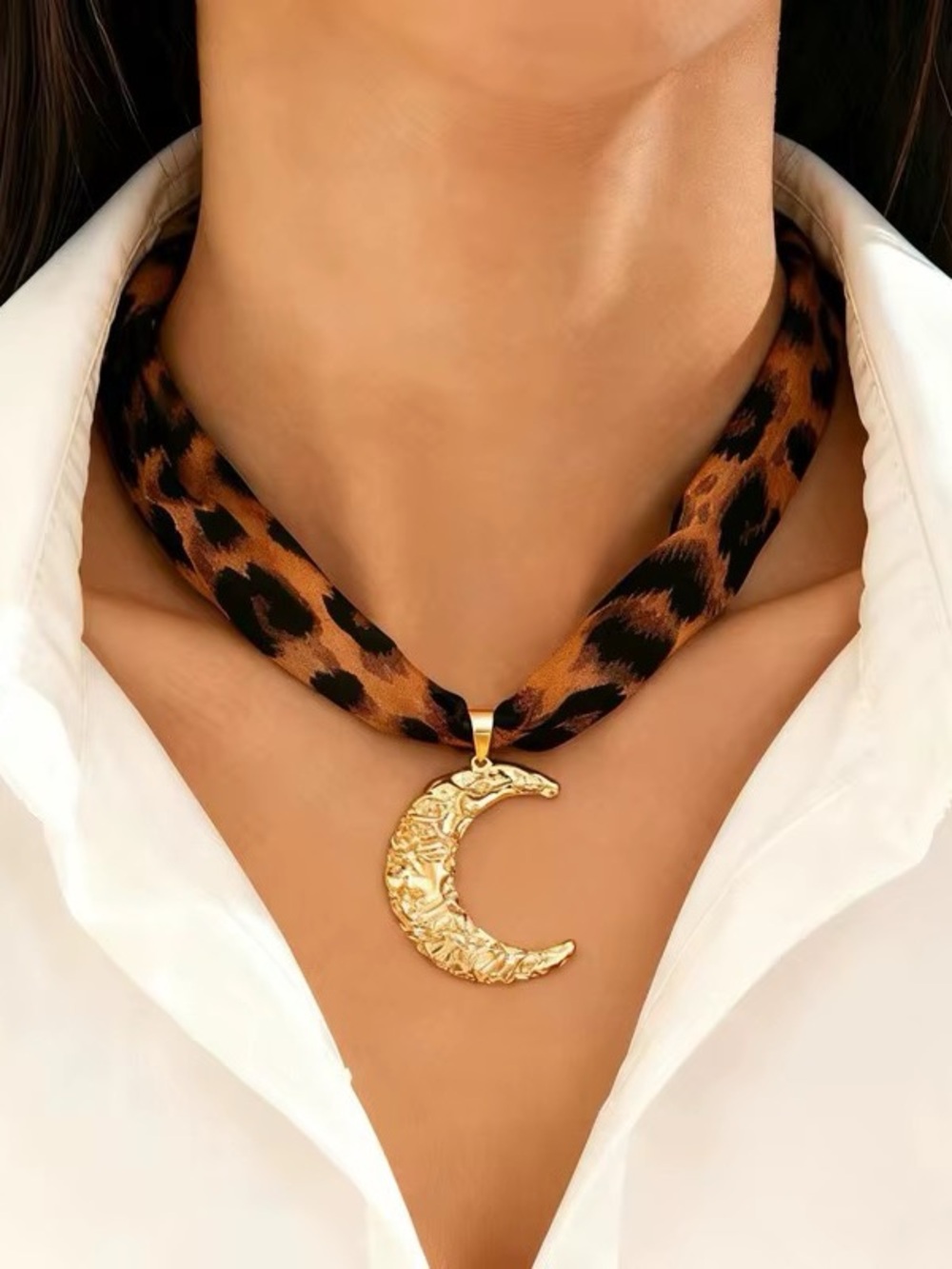 Gold Crescent Moon Pendant Necklace on Leopard Print Scarf Choker